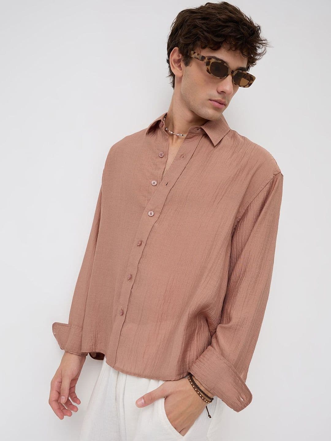 VASTRADO Burnt Clay Sheen Crinkled Boxy Fit Crop Shirt thumbnail 3