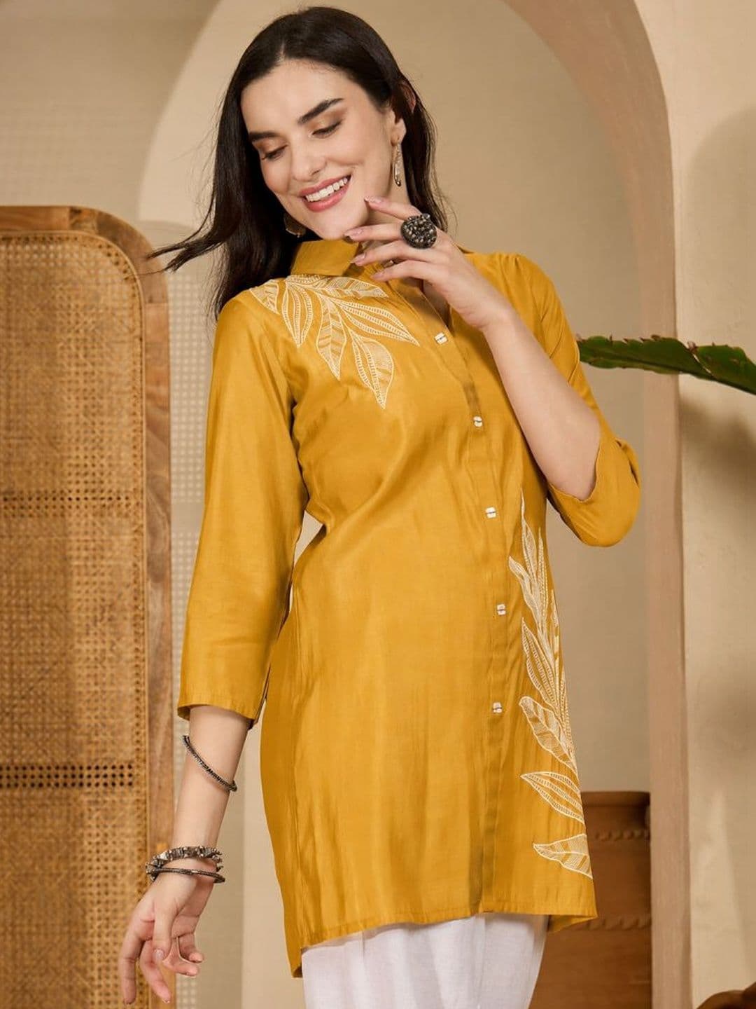 Sangria Embroidered Shirt Collar A-Line Kurtis thumbnail 6