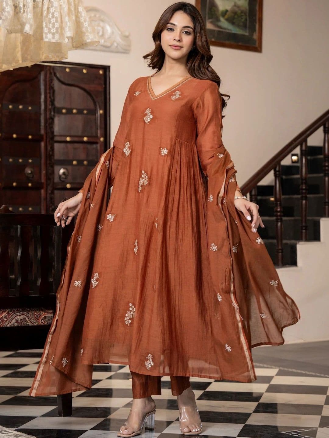 KALINI Women Ethnic Motifs Embroidered Tiered Thread Work Kurta with Trousers & With Dupatta - view 1
