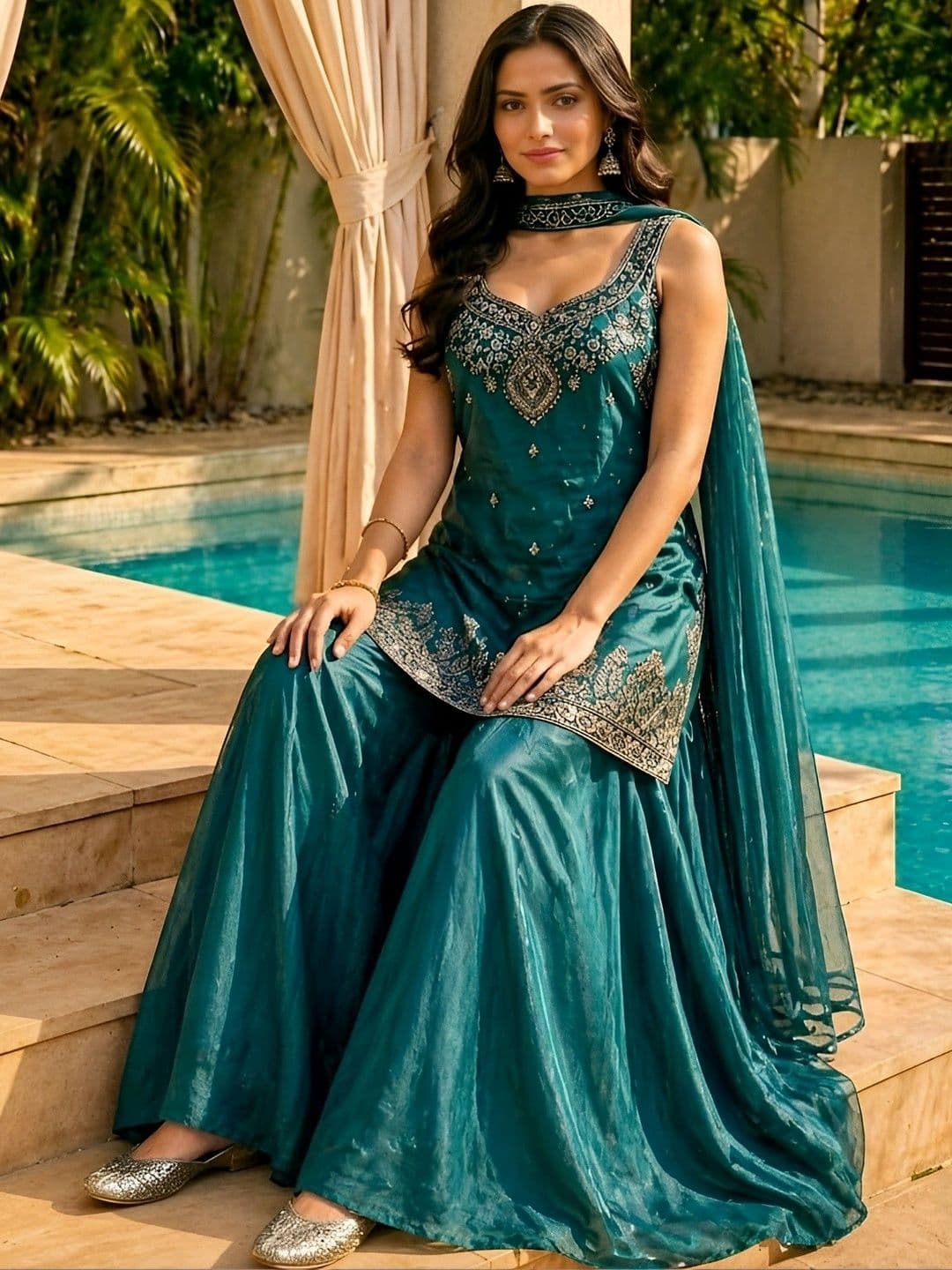 all about you Embroidered Sweetheart Neck Thread Work Kurta With Sharara & Dupatta thumbnail 4