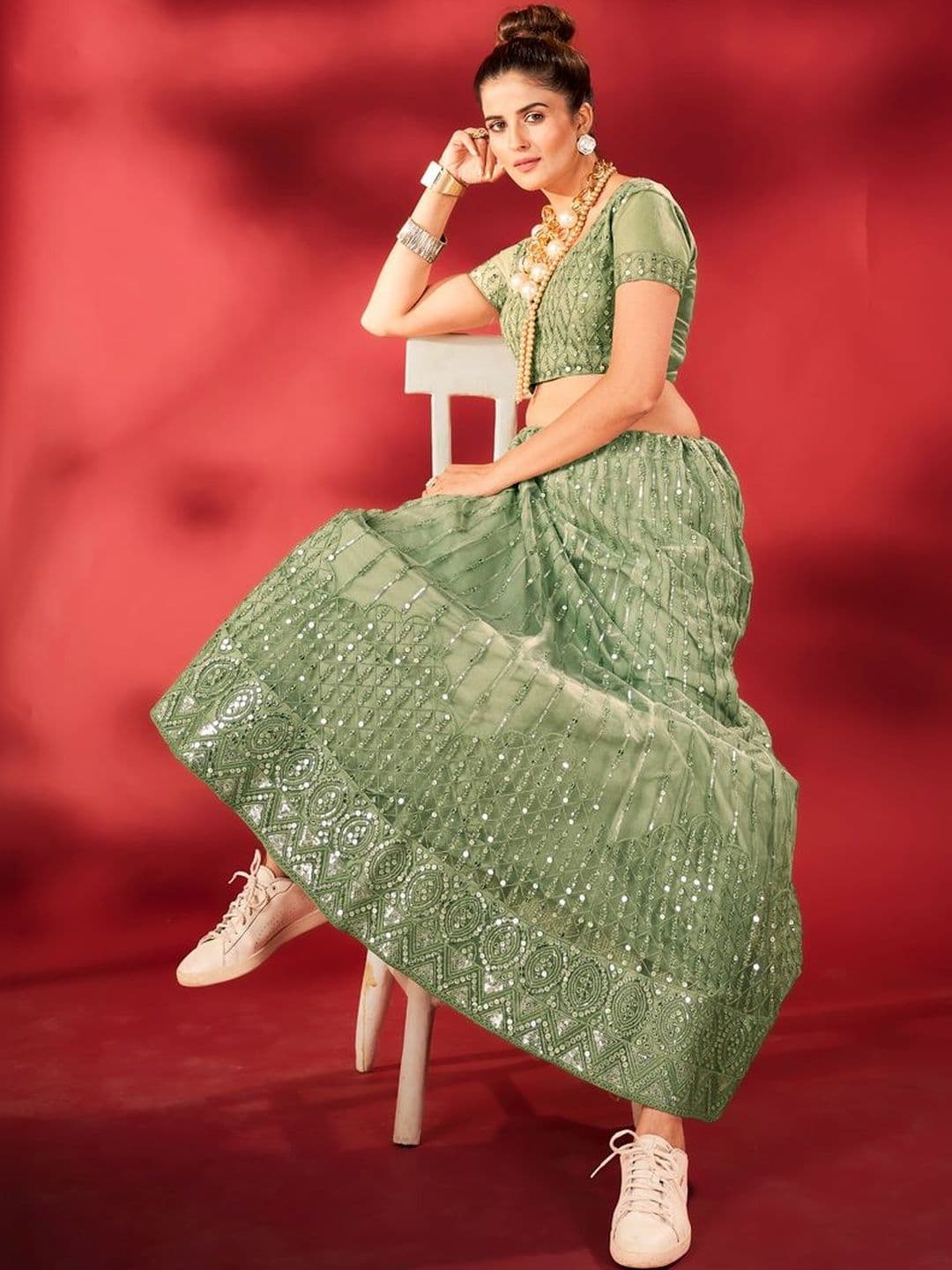 House of Pataudi Embroidered Round Neck Flared Lehenga Choli thumbnail 4