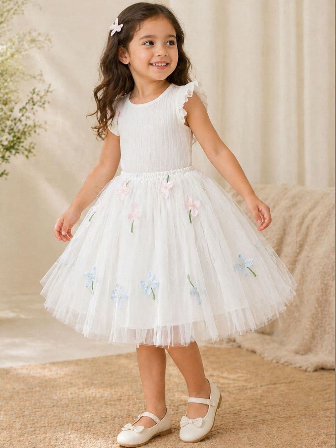 NEUDIS Girls Net Embellished Frills Bows and Ruffles Knee Length Flared Skirt - view 1