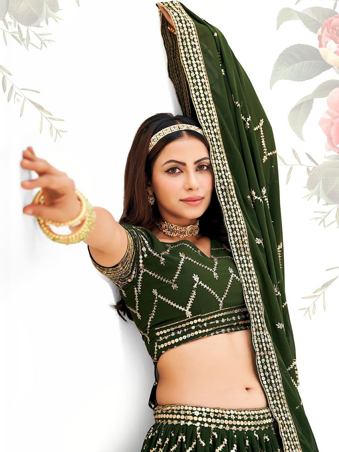 House of Pataudi Embellished V-Neck Flared Lehenga Choli thumbnail 5