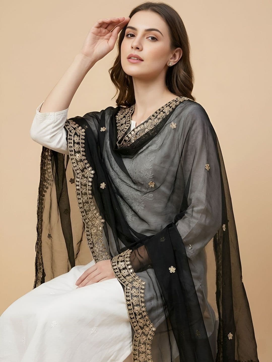 MUFFLY Ethnic Motifs Embroidered Dupatta with Zari thumbnail 4