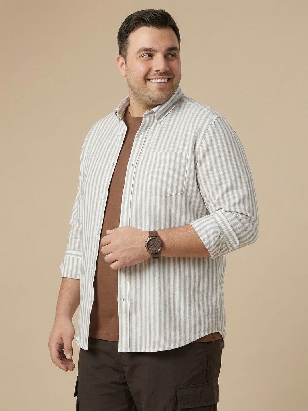 Sztori Plus Size Vertical Striped Pure Cotton Casual Shirt thumbnail 3