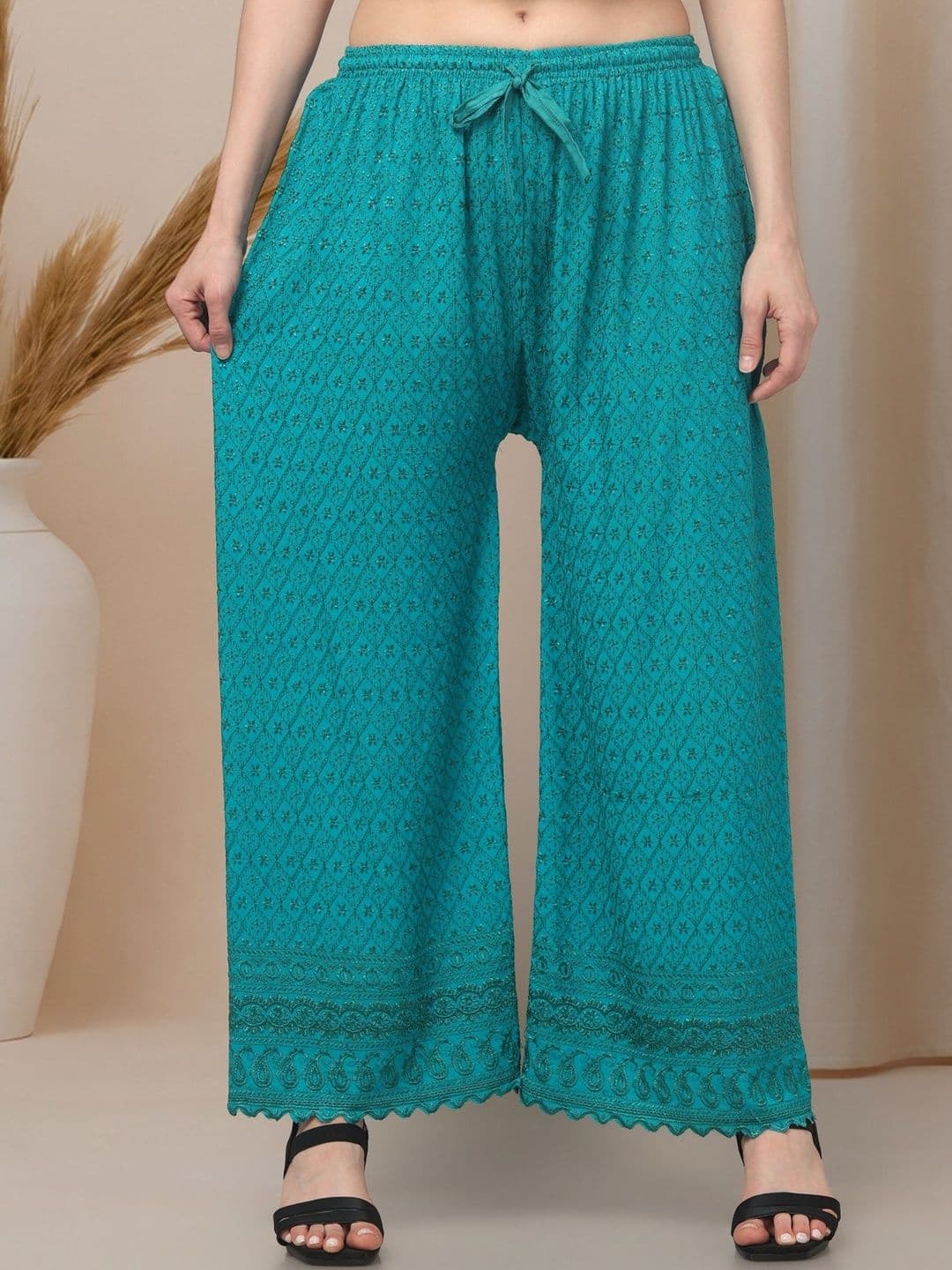 KGFONECLOTH Women Ethnic Motifs Embroidered Knitted Ethnic Palazzos thumbnail 3
