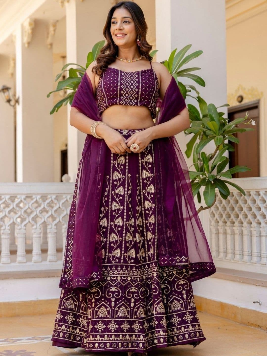 ODETTE Embroidered Semi-Stitched Lehenga & Blouse With Dupatta - view 1