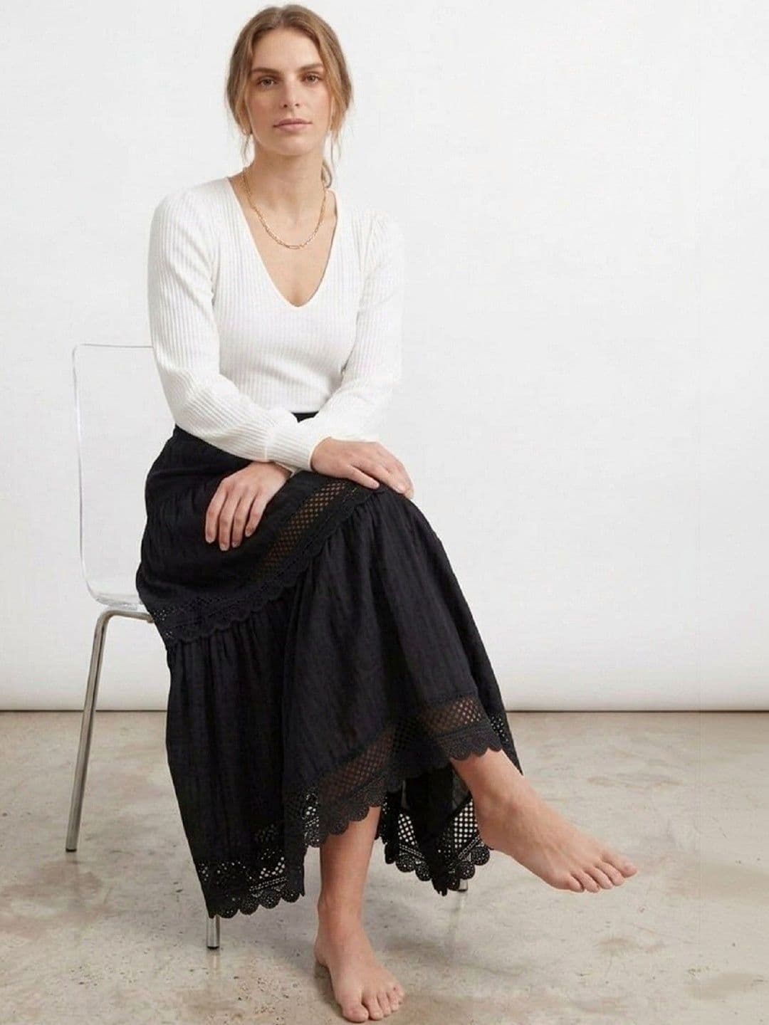 POLLOLOCO Women Cotton Self Design Tiered Midi Tiered Skirt thumbnail 3