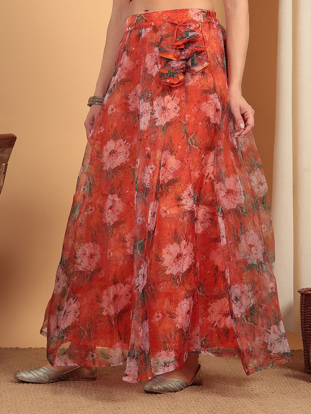 Frolic Rolic Orange Floral Printed Organza Maxi Skirt thumbnail 5