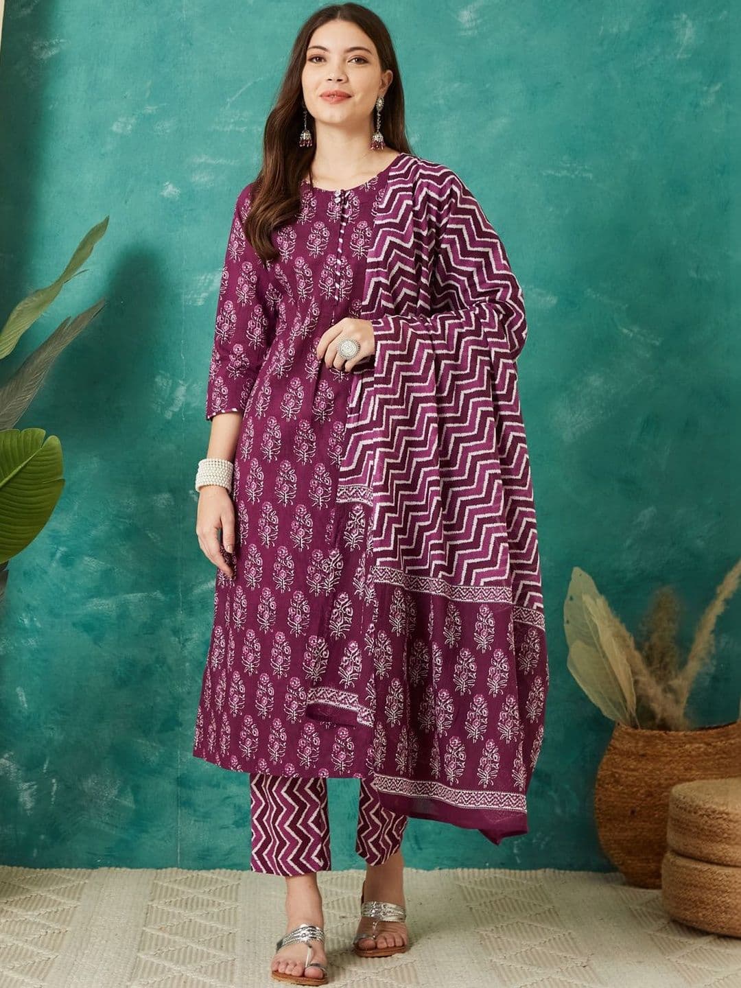 Sangria Printed Cotton Round Neck Kurta & Trousers With Dupatta - view 1