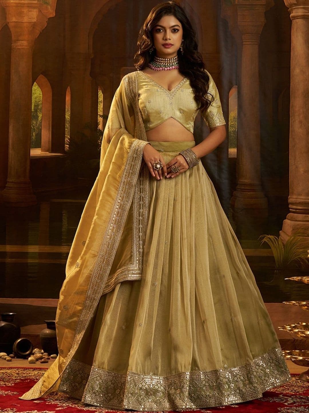 ODETTE Embroidered Semi-Stitched Lehenga & Blouse With Dupatta - view 1