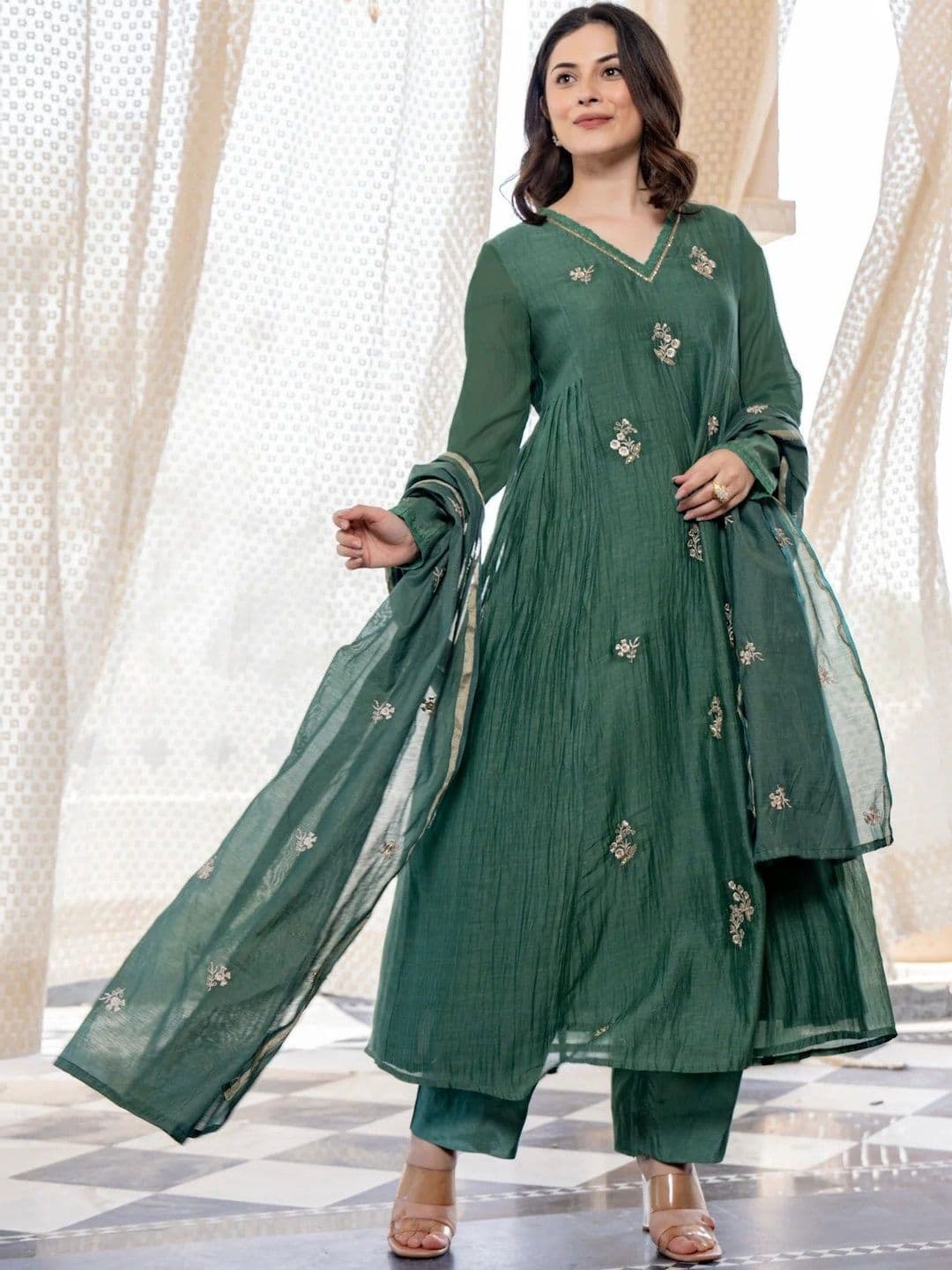 KALINI Women Ethnic Motifs Embroidered Empire Thread Work Kurta with Trousers & With Dupatta thumbnail 7