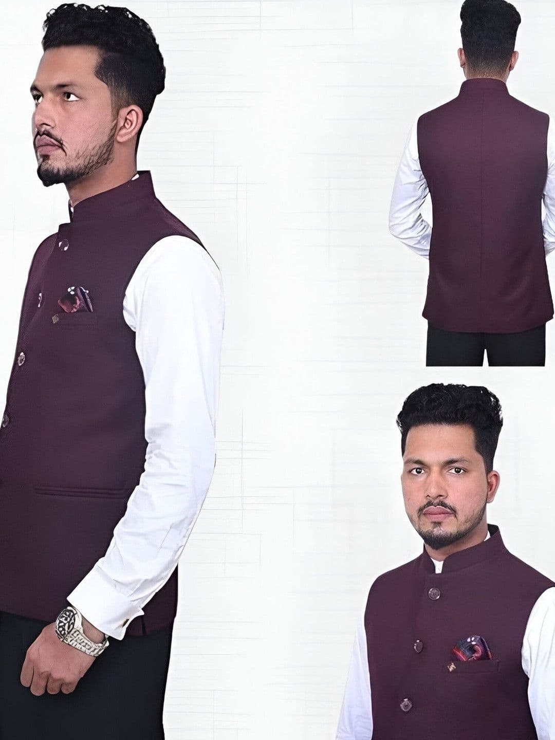Risani  Men Maroon Solid Sleeves Polyester Nehru Jackets thumbnail 4