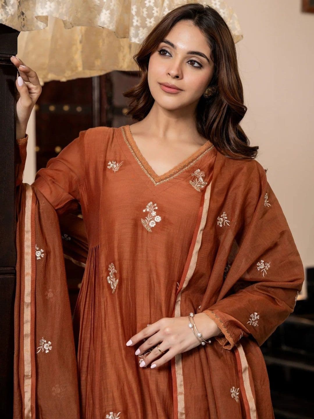 KALINI Women Ethnic Motifs Embroidered Tiered Thread Work Kurta with Trousers & With Dupatta thumbnail 3