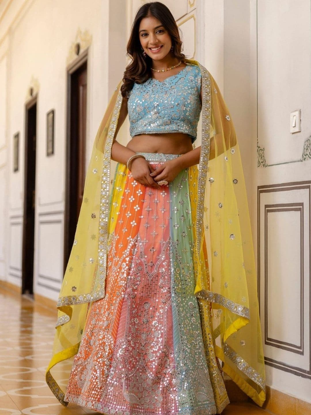 ODETTE Embroidered Sequinned Semi-Stitched Lehenga & Blouse With Dupatta - view 1