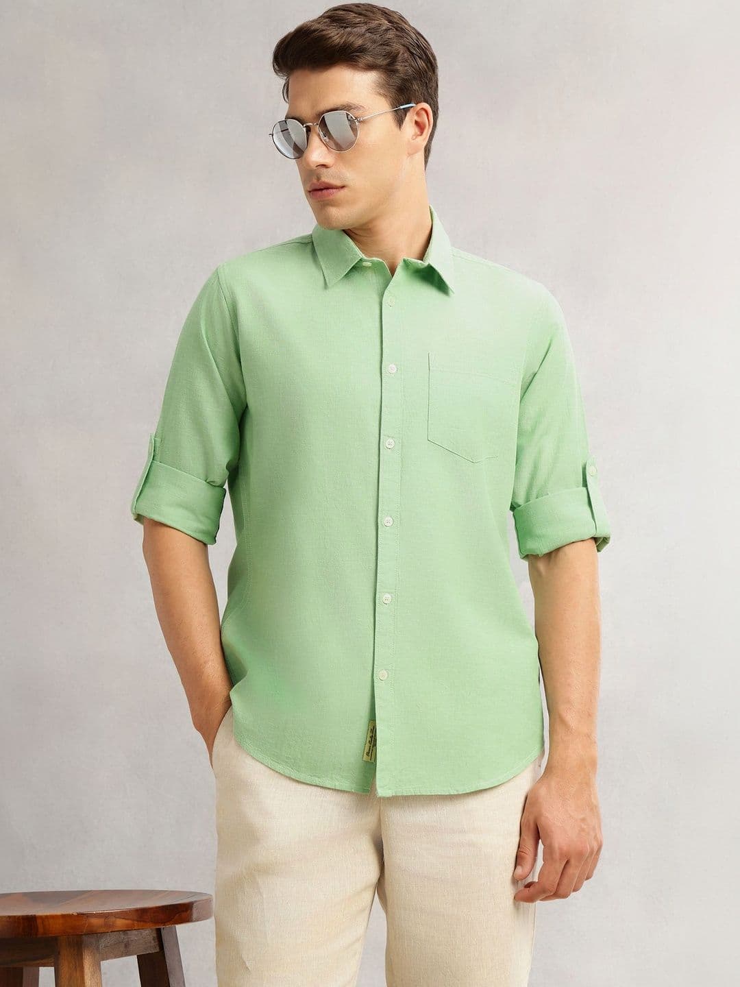 Thomas Scott Men Slim Fit Long Roll-Up Sleeves Spread Collar Solid Linen Casual Shirt thumbnail 2