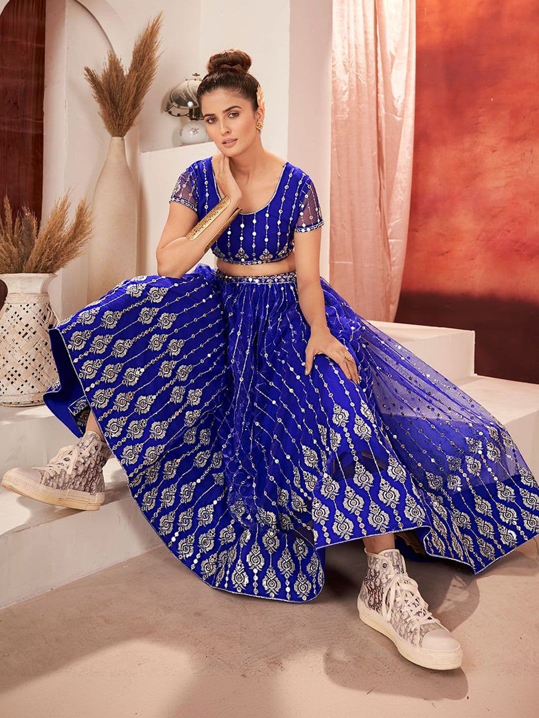 House of Pataudi Embroidered Round Neck Flared Lehenga Choli thumbnail 4