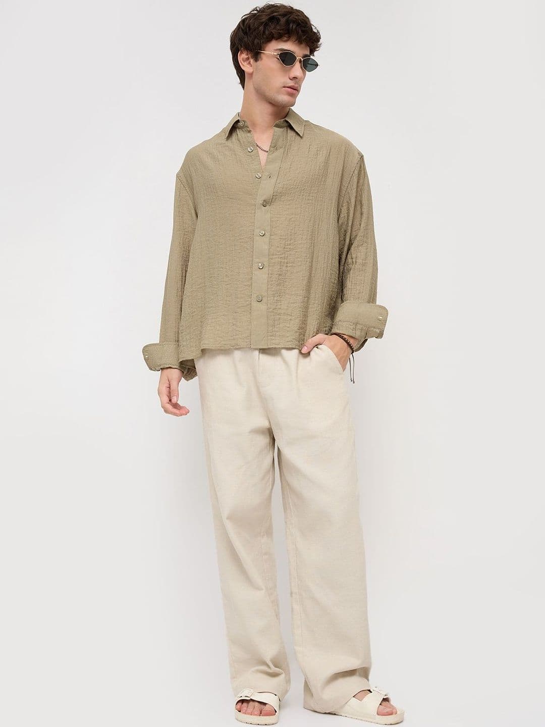 VASTRADO Olive Sheen Crinkled Boxy Fit Crop Shirt thumbnail 6