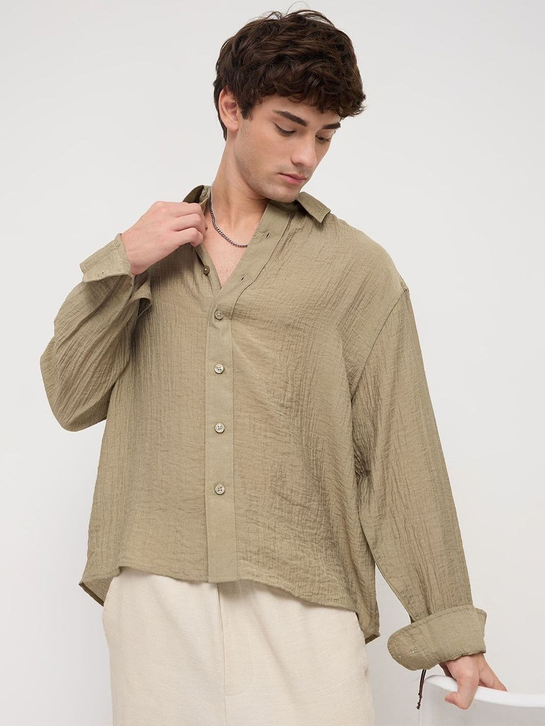VASTRADO Olive Sheen Crinkled Boxy Fit Crop Shirt thumbnail 4