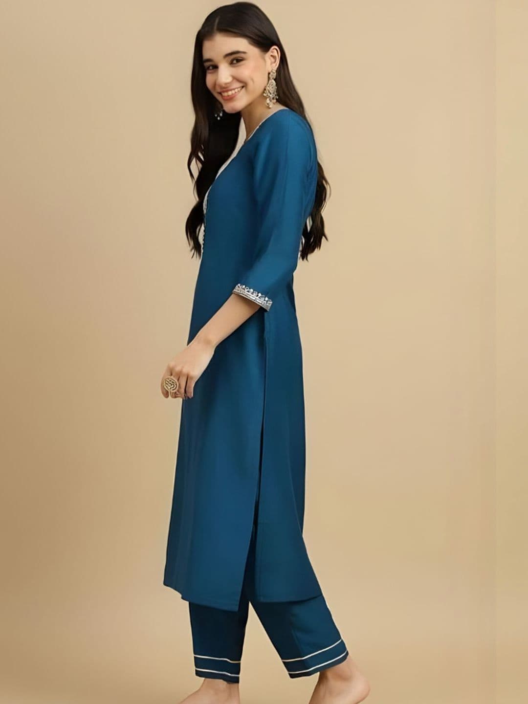 HERE&NOW Women Floral Embroidered Regular Thread Work Pure Cotton Kurta with Trousers & With Dupatta thumbnail 4