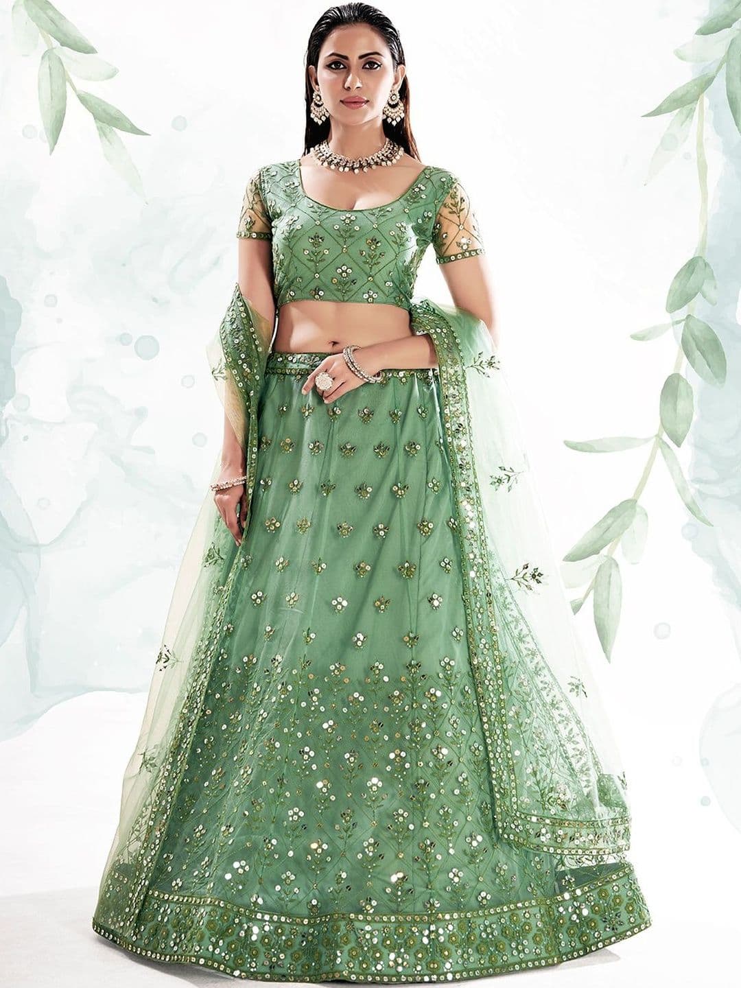 House of Pataudi Embroidered Net Round Neck Flared Lehenga Choli - view 1