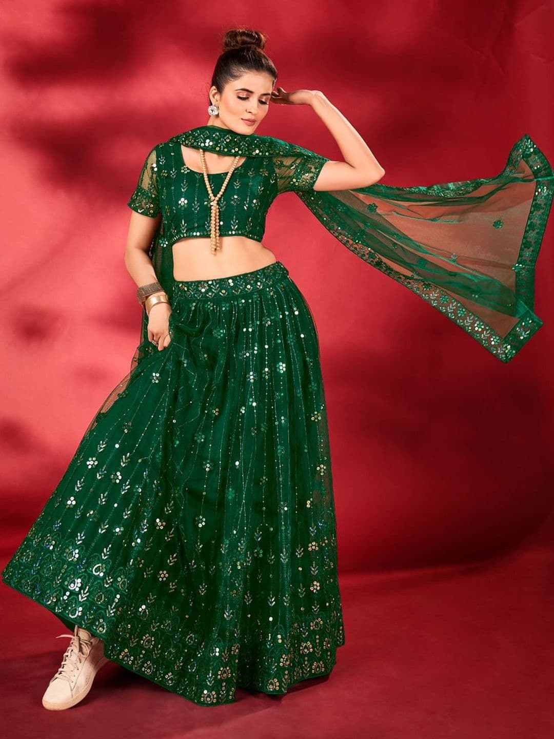 House of Pataudi Embroidered Round Neck Flared Lehenga Choli thumbnail 6
