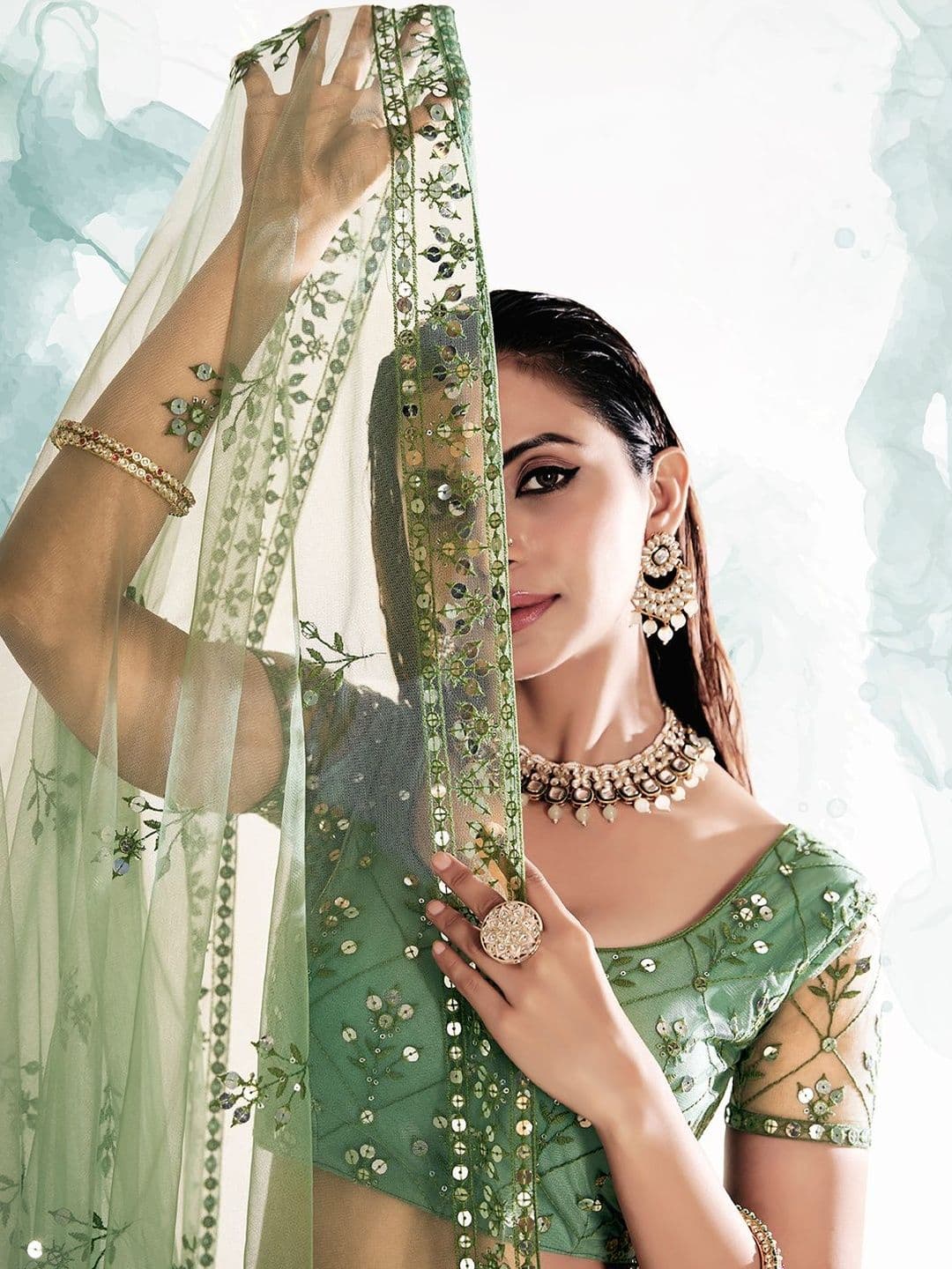 House of Pataudi Embroidered Net Round Neck Flared Lehenga Choli thumbnail 4