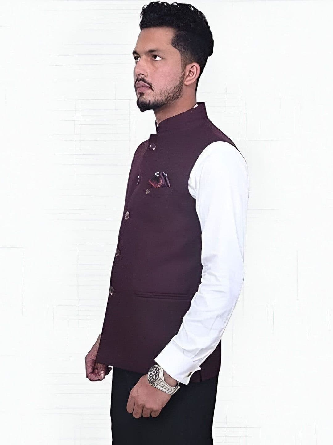 Risani  Men Maroon Solid Sleeves Polyester Nehru Jackets - view 1