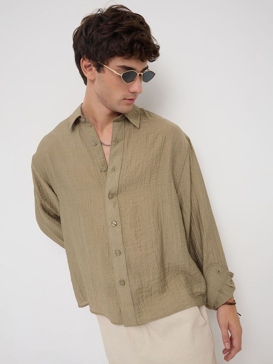 VASTRADO Olive Sheen Crinkled Boxy Fit Crop Shirt thumbnail 5
