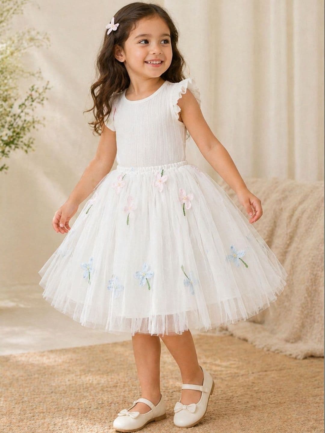 YK Girls Net Embellished Frills Bows and Ruffles Above Knee Flared Skirt - view 1