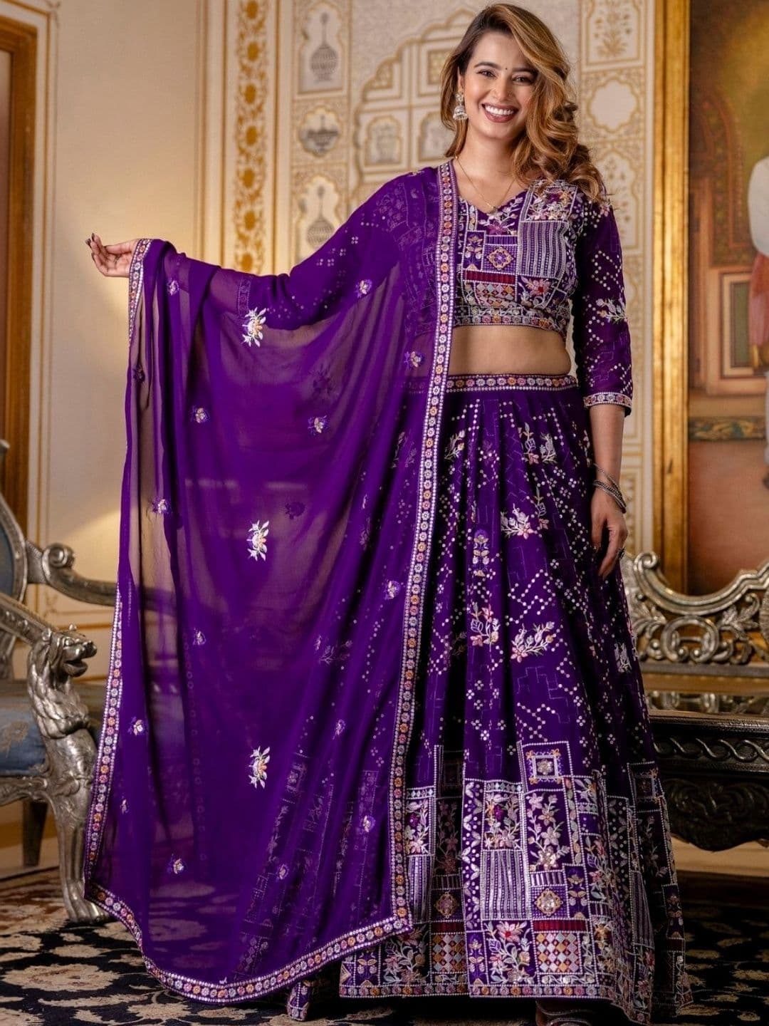 ODETTE Embroidered Thread Work Semi-Stitched Lehenga & Blouse With Dupatta - view 1