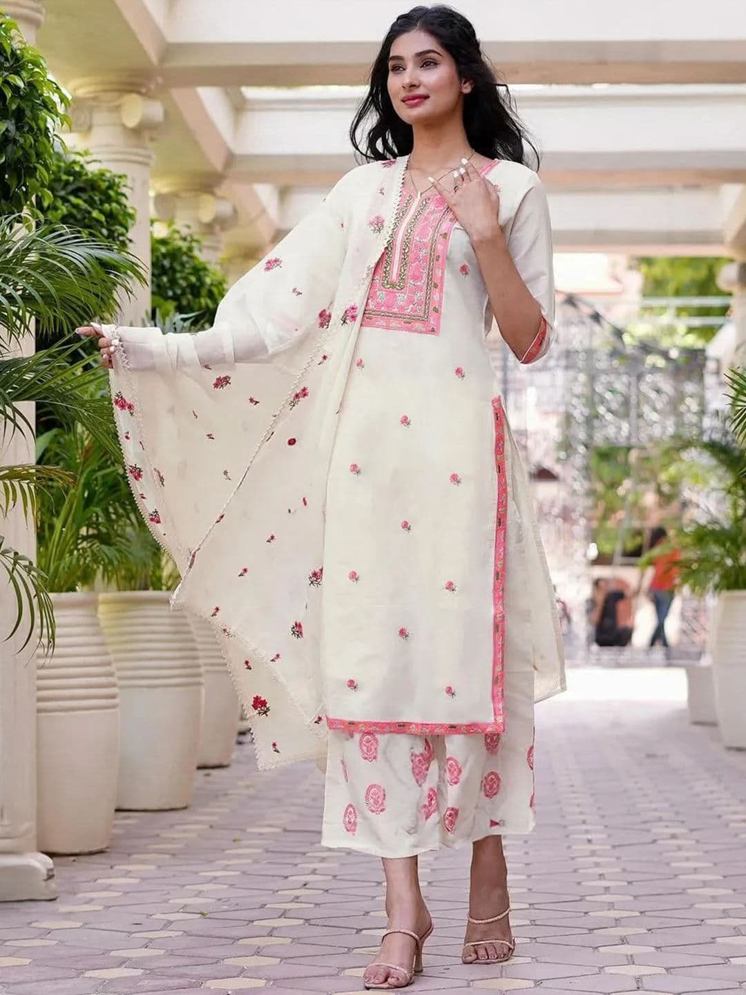 Libas Women Off White & Pink Cotton Floral Thread Work Kurta with Palazzos & Dupatta - view 1