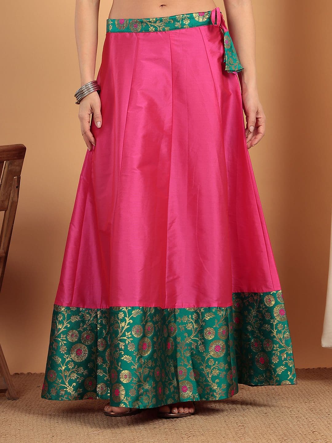 Frolic Rolic Pink & Green Floral Jacquard border Silk Maxi Skirt - view 1