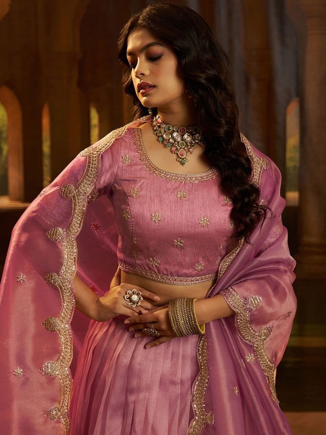 ODETTE Embroidered Thread Work Semi-Stitched Lehenga & Blouse With Dupatta thumbnail 2