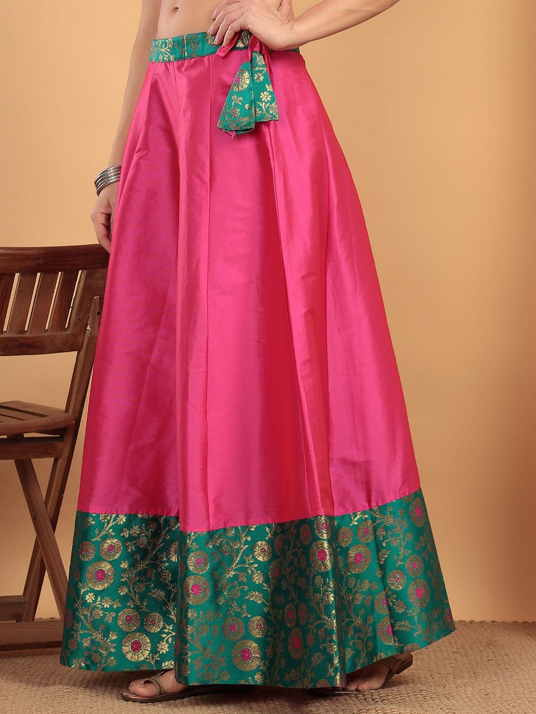 Frolic Rolic Pink & Green Floral Jacquard border Silk Maxi Skirt thumbnail 7
