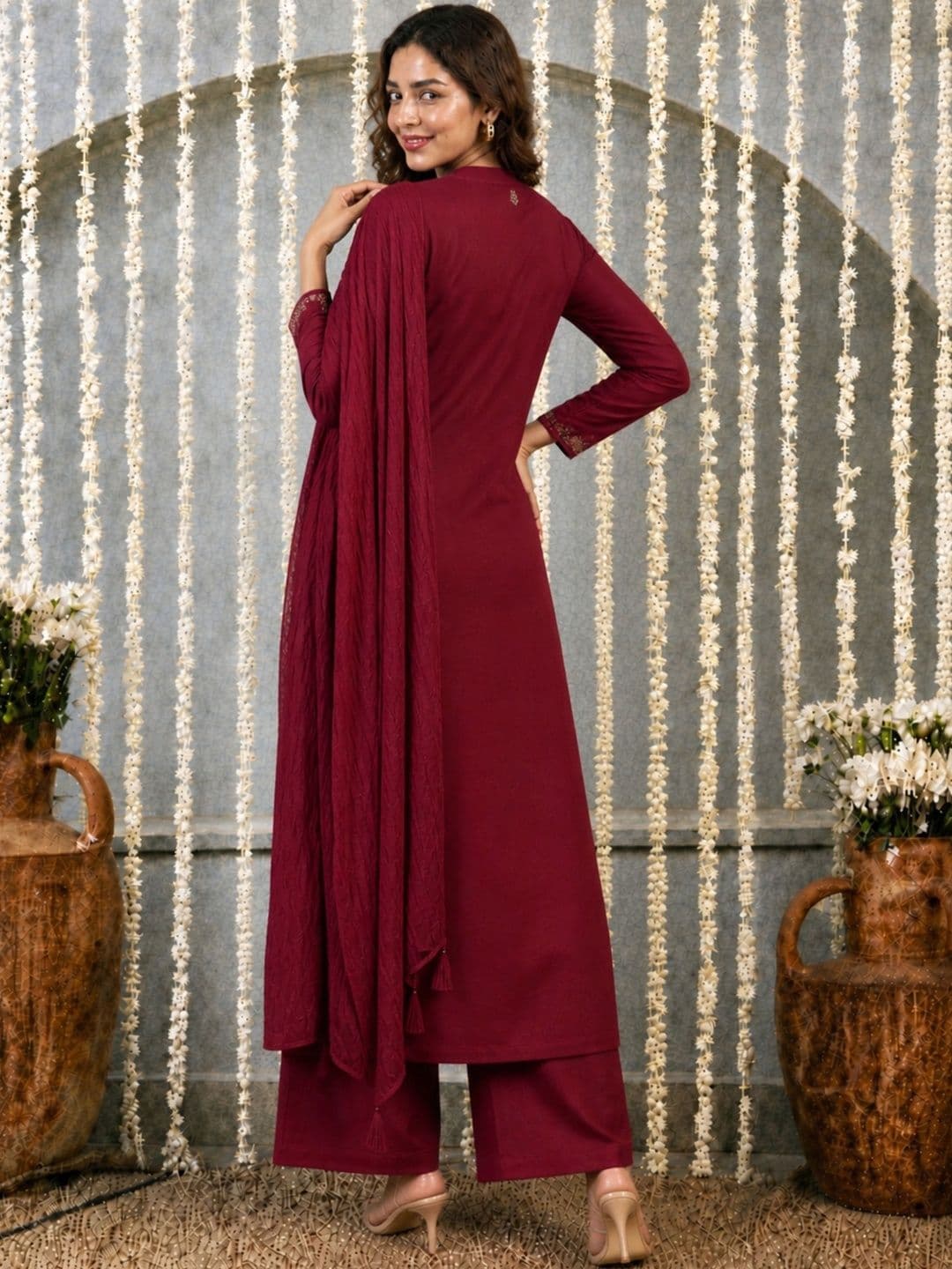 Klere Women Ethnic Motifs Embroidered Regular Thread Work Pure Cotton Kurta with Palazzos & With Dupatta thumbnail 4