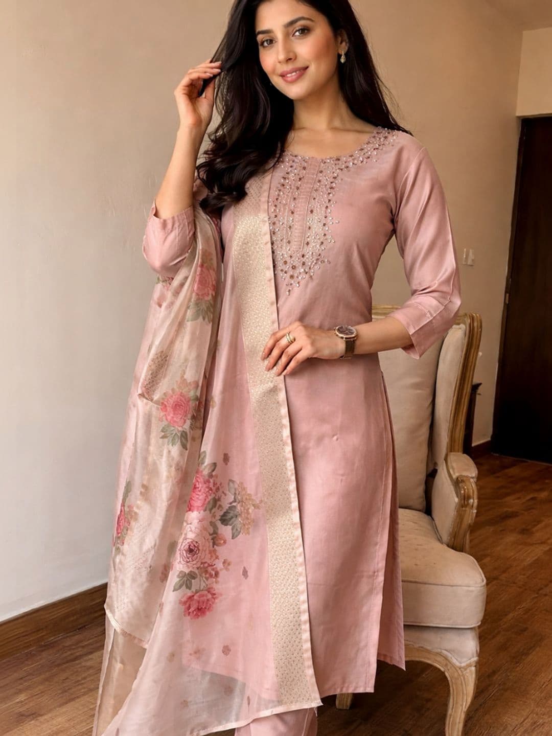 HERE&NOW Women Floral Embroidered Regular Thread Work Kurta with Trousers & With Dupatta thumbnail 3
