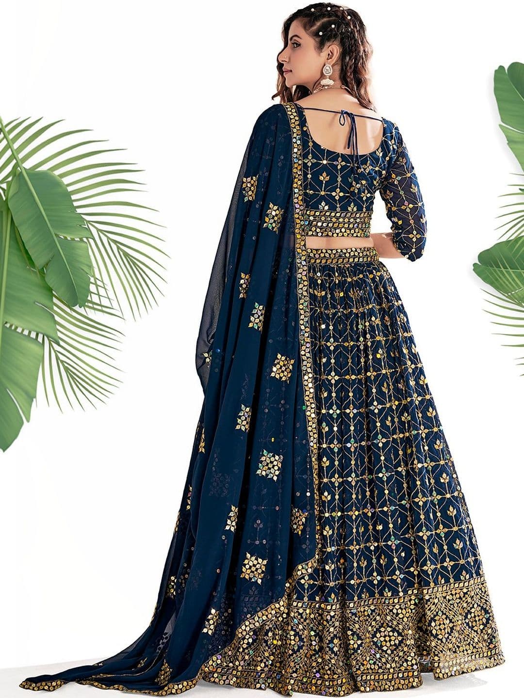 House of Pataudi Embroidered Round Neck Flared Lehenga Choli thumbnail 2