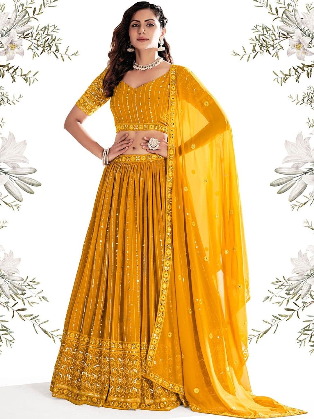 House of Pataudi Embellished V-Neck Flared Lehenga Choli - view 1