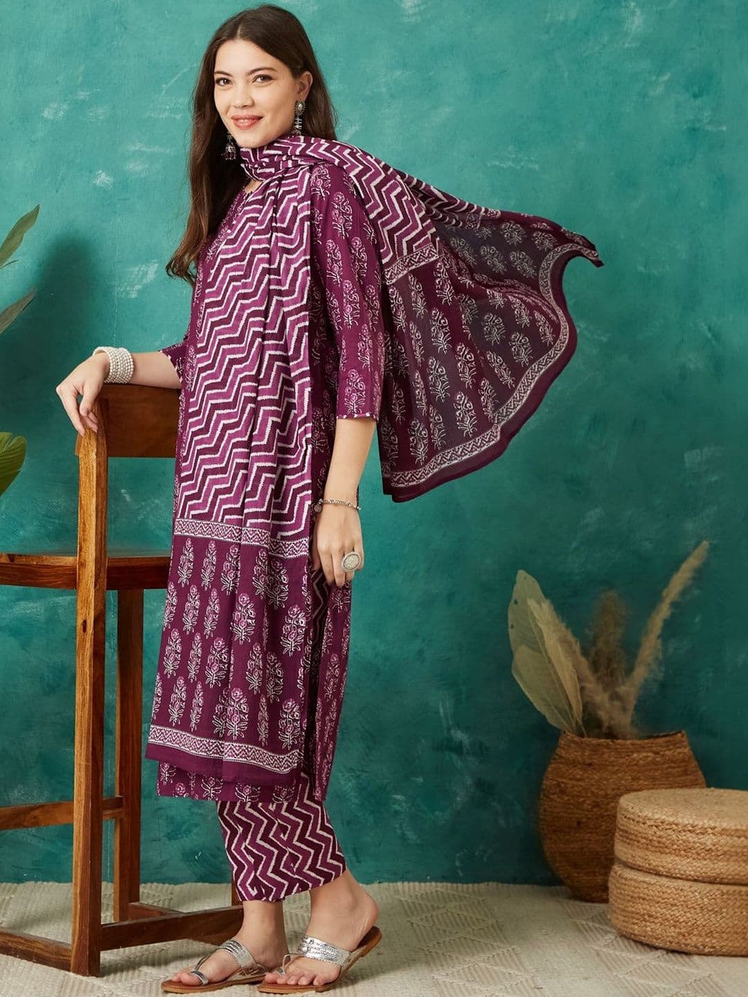 Sangria Printed Cotton Round Neck Kurta & Trousers With Dupatta thumbnail 3