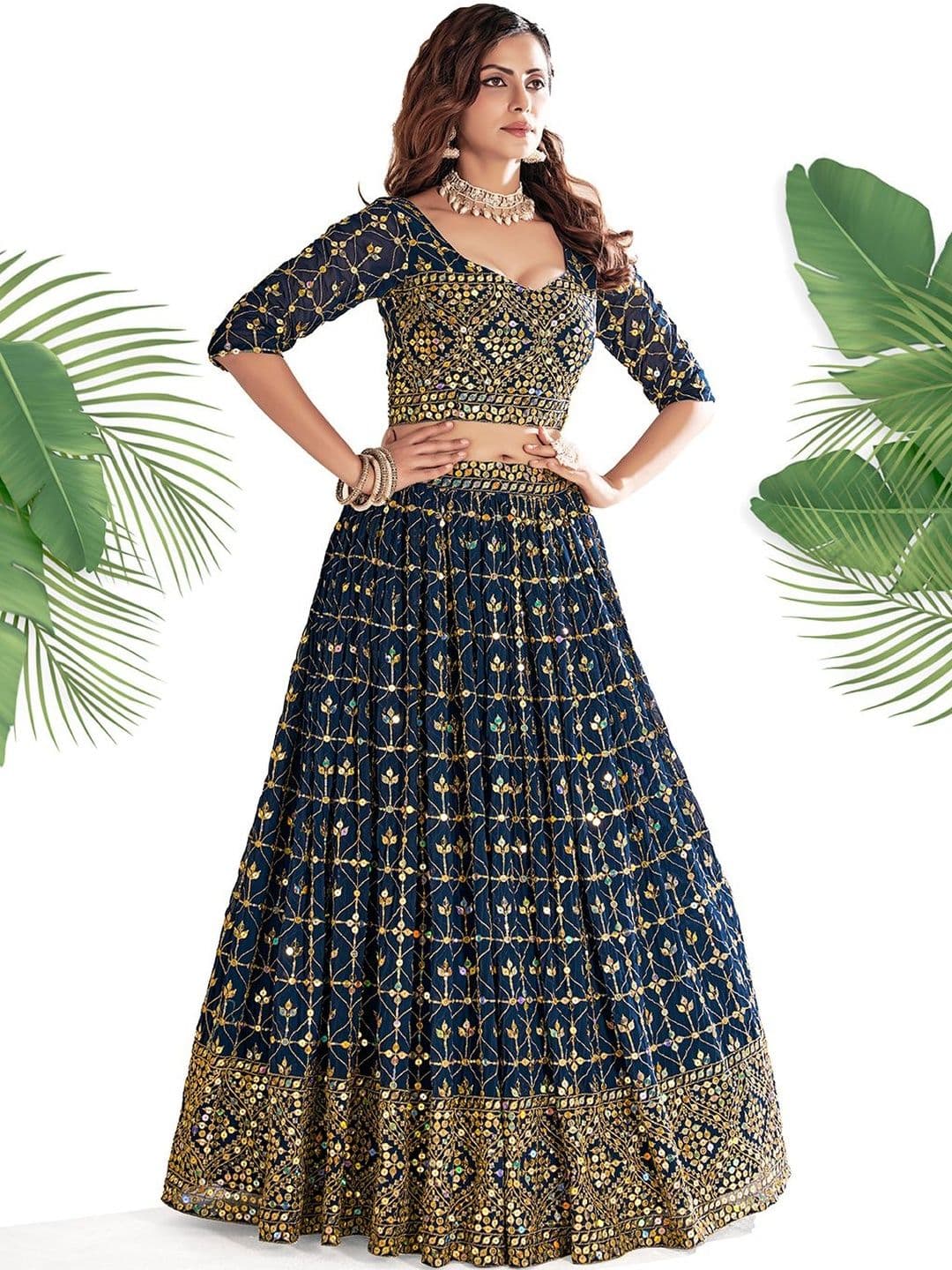 House of Pataudi Embroidered Round Neck Flared Lehenga Choli thumbnail 5