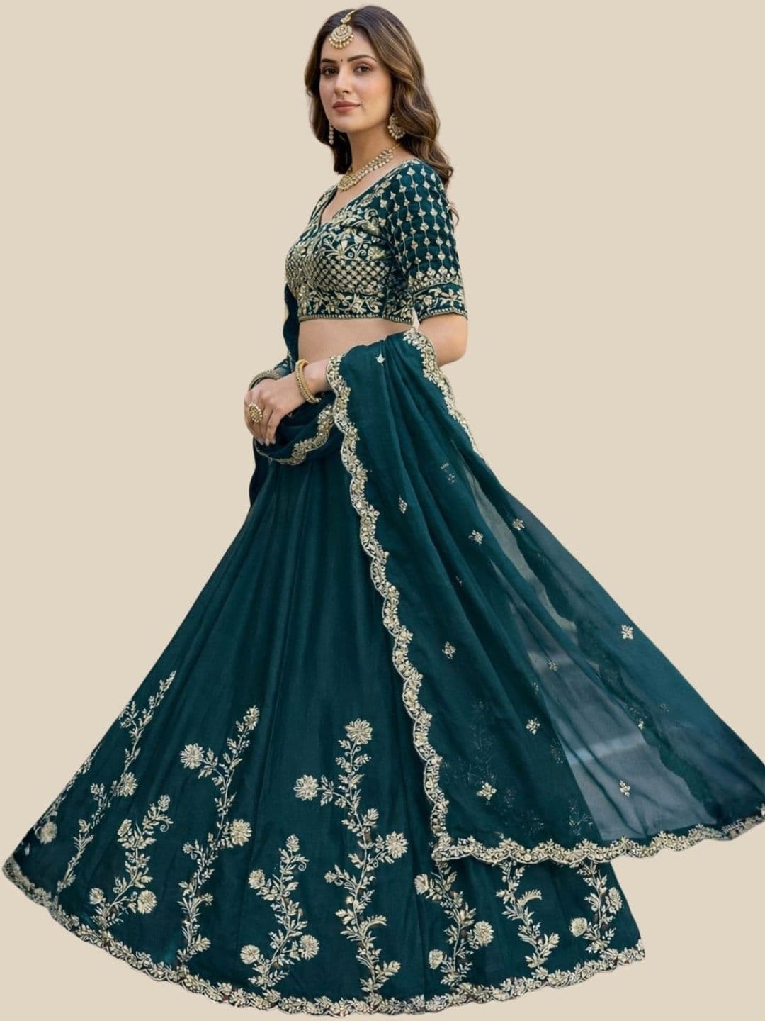 ODETTE Embroidered Semi-Stitched Lehenga & Blouse With Dupatta thumbnail 5