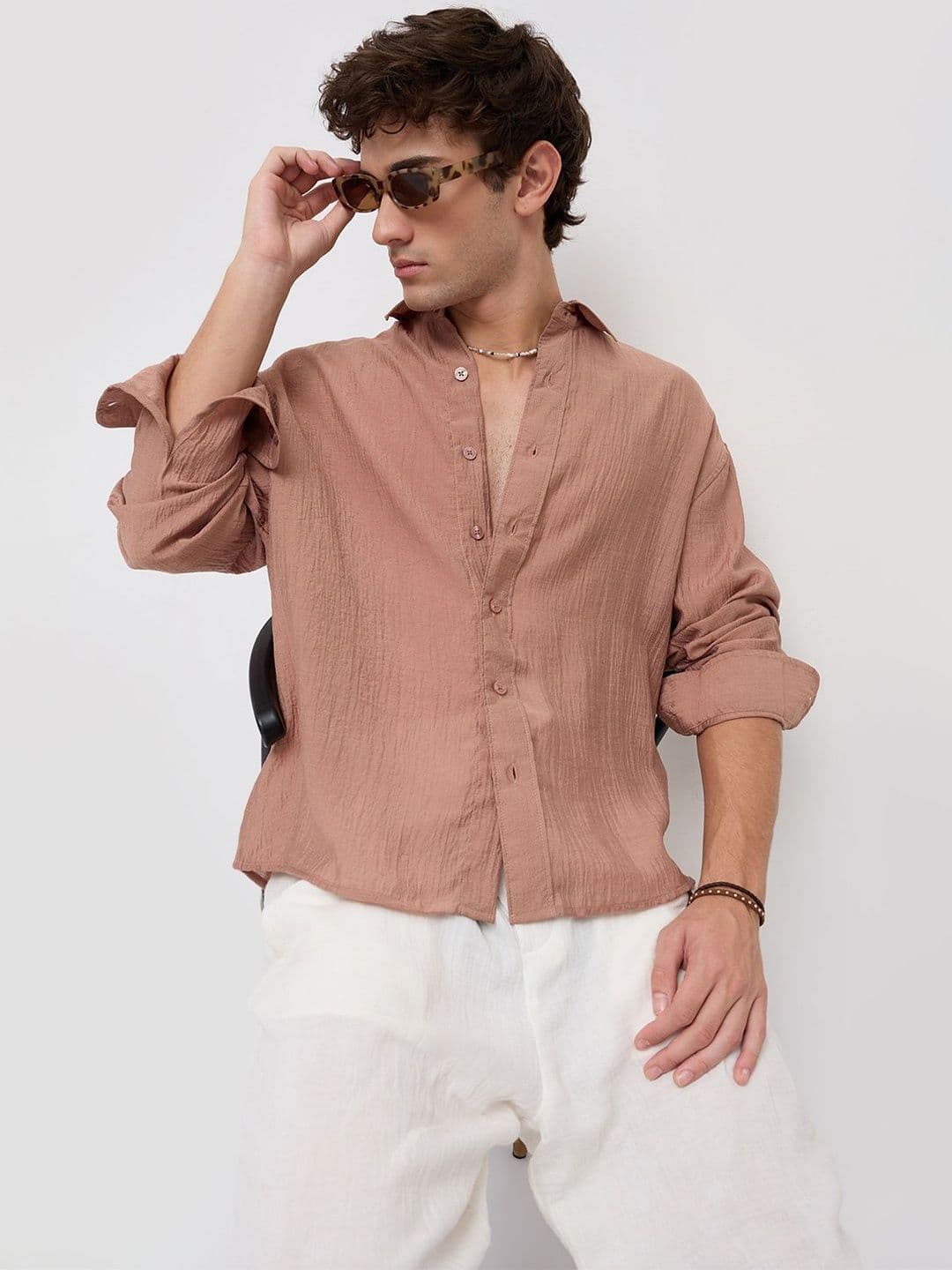 VASTRADO Burnt Clay Sheen Crinkled Boxy Fit Crop Shirt thumbnail 7