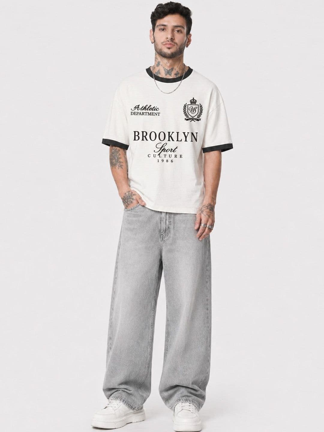 Crazymonk Sports Culture 1986 Oversized T-Shirt - Off White/Black thumbnail 4