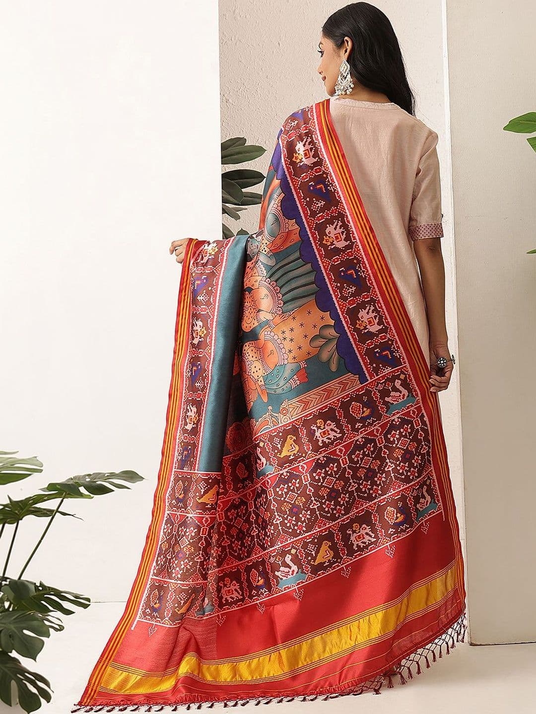 Silk Land Ethnic Motifs Printed Kalamkari Dupatta thumbnail 4