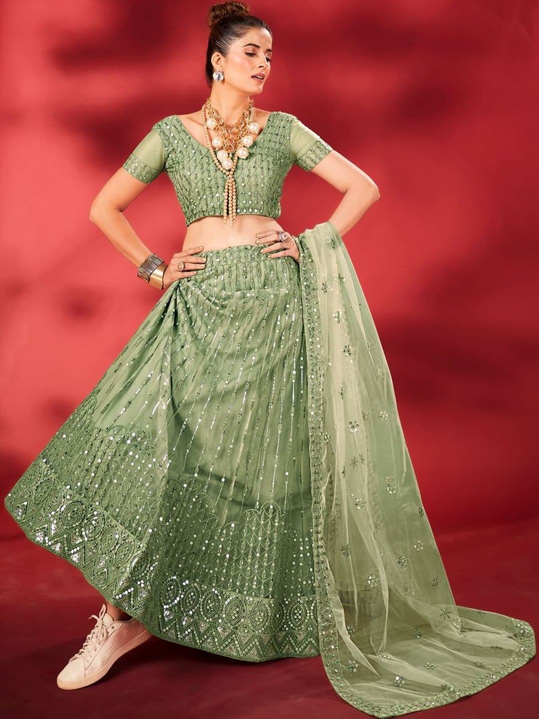 House of Pataudi Embroidered Round Neck Flared Lehenga Choli - view 1