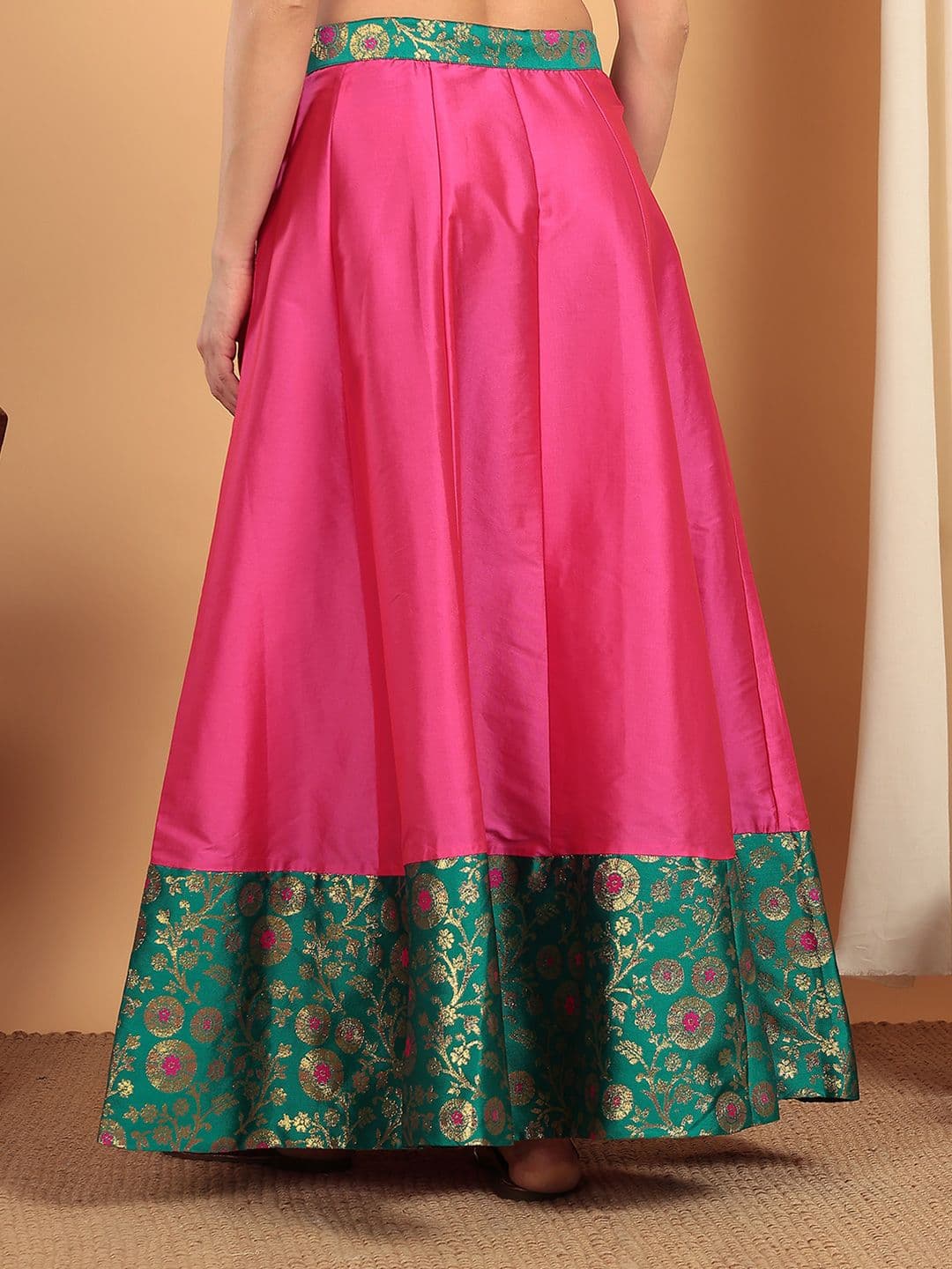 Frolic Rolic Pink & Green Floral Jacquard border Silk Maxi Skirt thumbnail 2