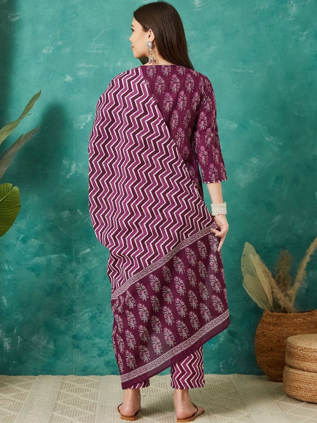 Sangria Printed Cotton Round Neck Kurta & Trousers With Dupatta thumbnail 4