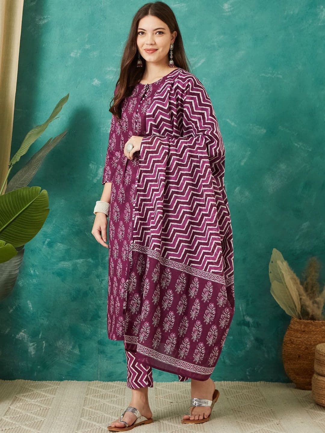 Sangria Printed Cotton Round Neck Kurta & Trousers With Dupatta thumbnail 5