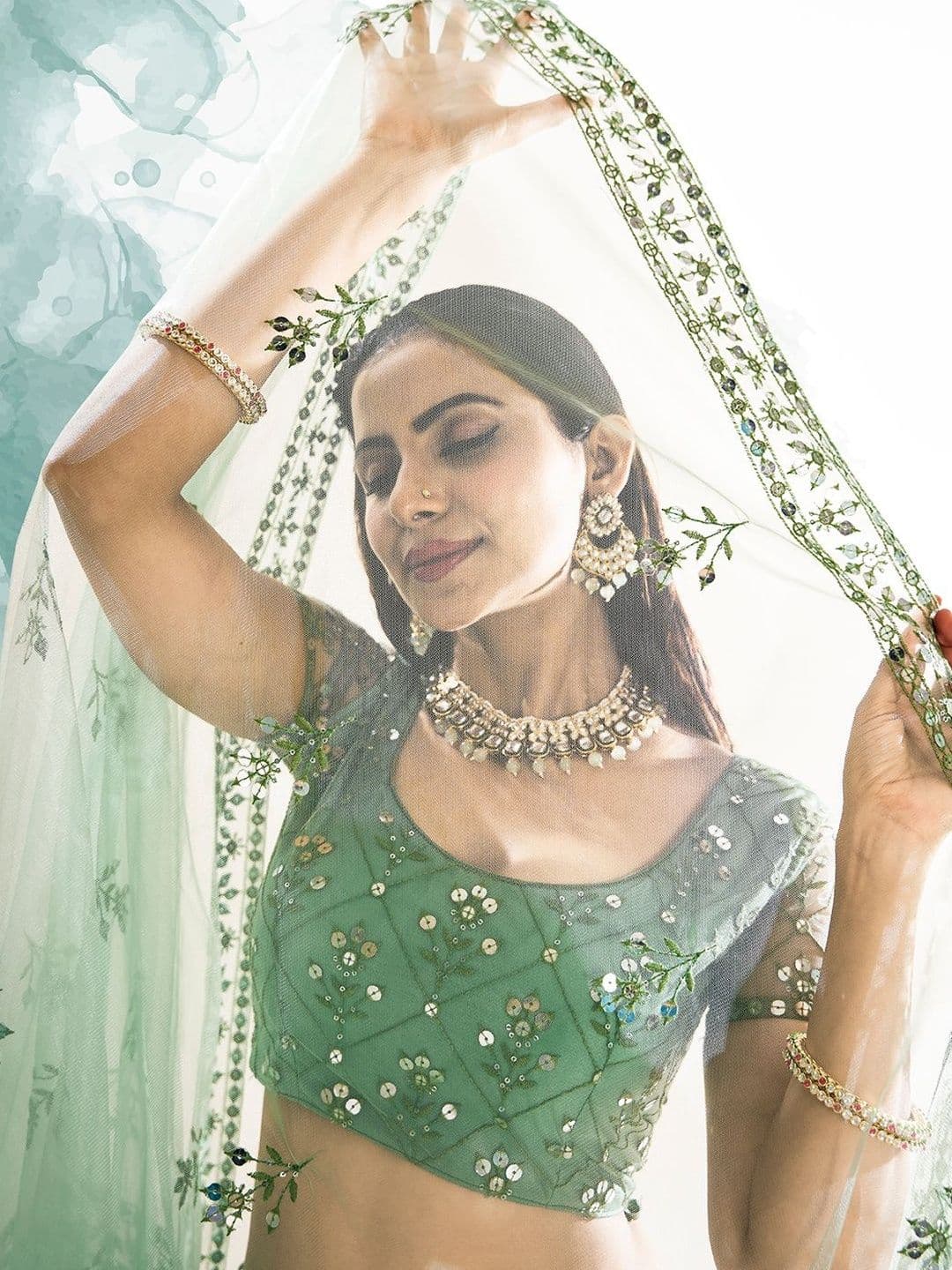 House of Pataudi Embroidered Net Round Neck Flared Lehenga Choli thumbnail 3